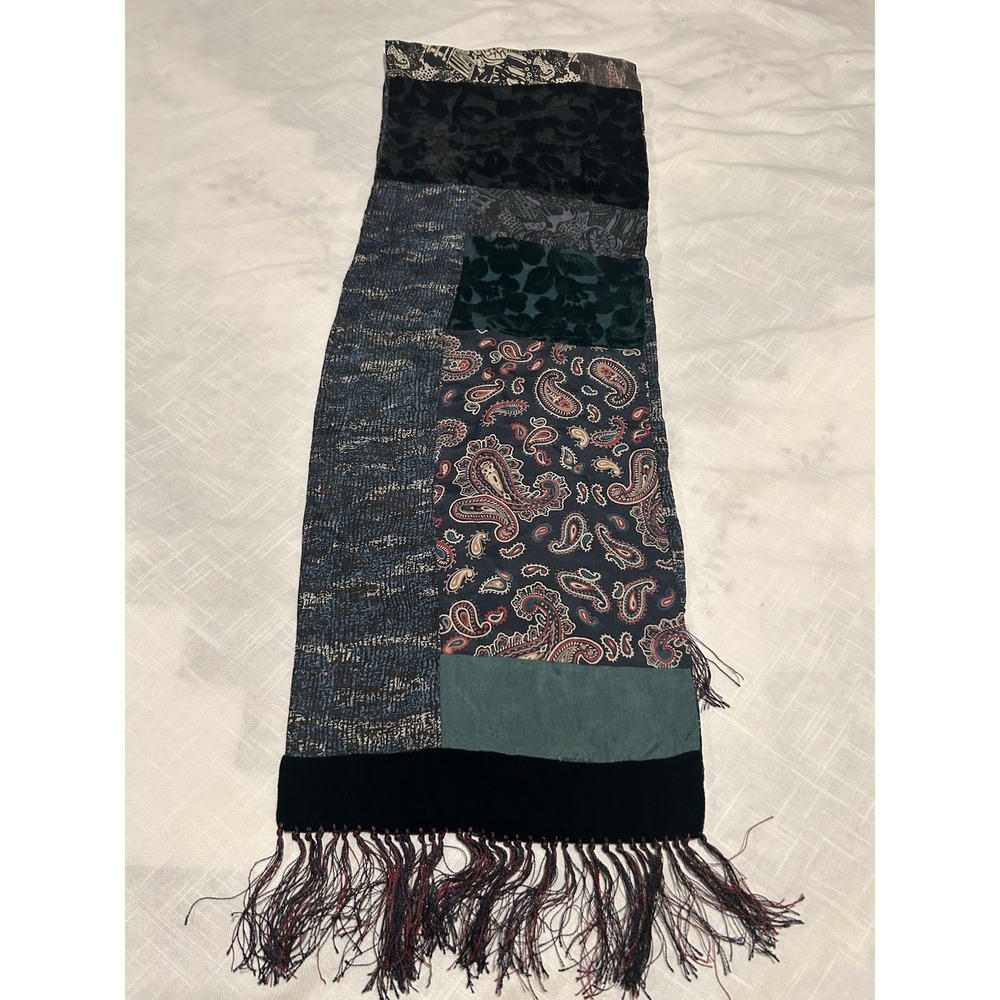 Vintage 90s Burnout Velvet & Silk Patchwork Scarf Fringed 57"x10" Boho Luxury - Picture 10 of 13